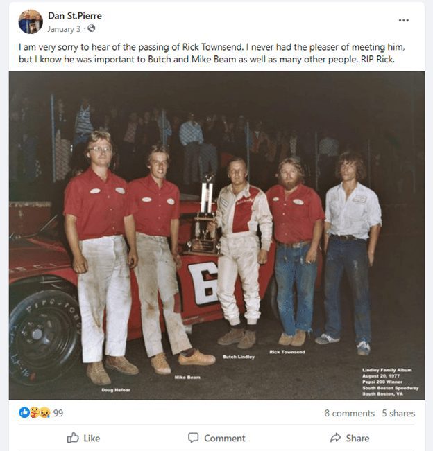 Rick Townsend with Lindley Family in victory lane 1977