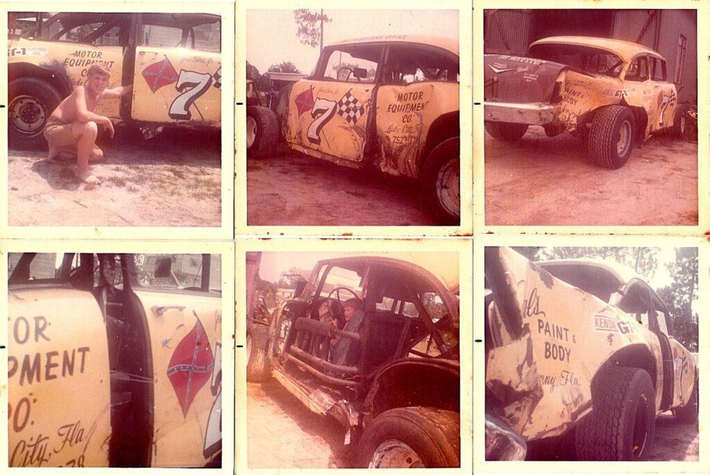 Young Mark Davis with the 1956Chevy race car in multiple photo collage