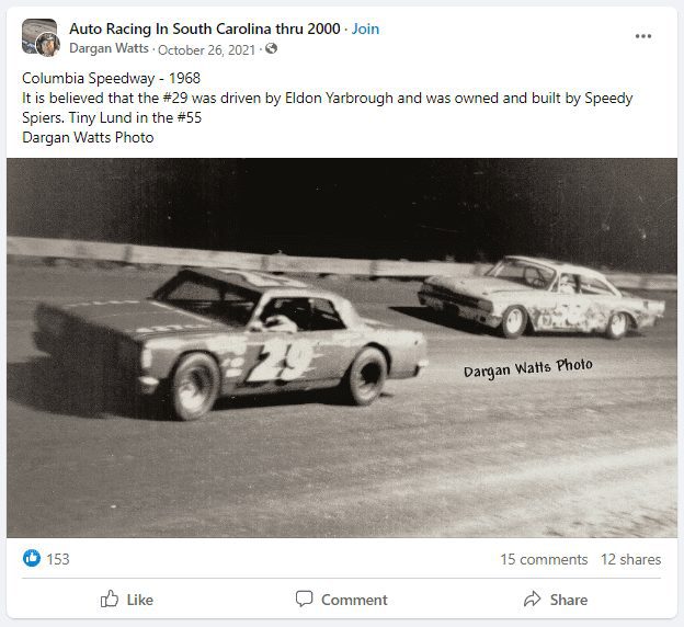 Late model #29 believed to be driven by Eldon Yarbrough and #55 driven by Tiny Lund. Photo by Dargan Watts at Columbia Speedway 1968