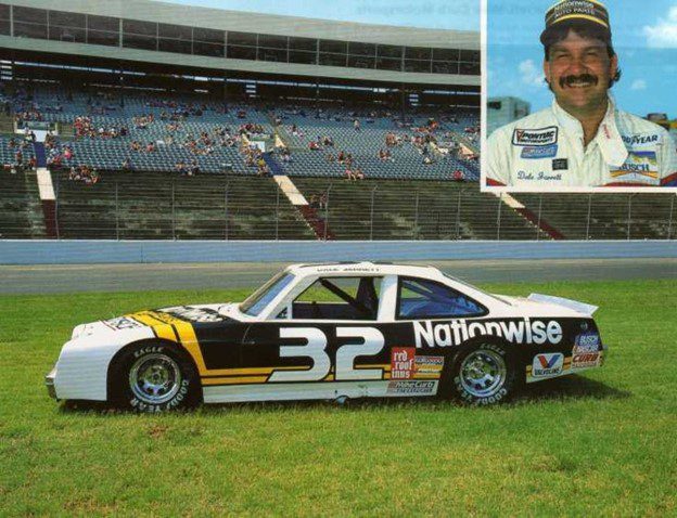 Nationwise number 32 with Dale Jarrett in 1986 in the grass on pit road. Publicity photo