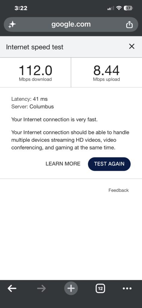 Screenshot of internet speed test